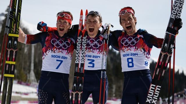 Лыжники Александр Легков, Максим Вылегжанин и Илья Черноусов заняли весь пьедестал.