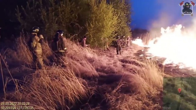 Вечер Дня Победы на тушении пожара в плодопитомнике в Грибском