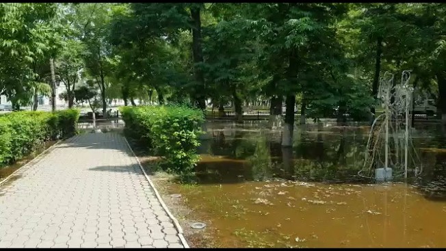 В Благовещенске грунтовыми водами подтопило часть сквера возле ЦЭВ на Ленина